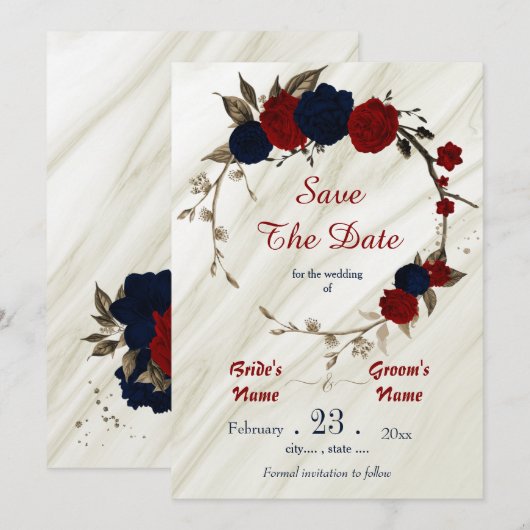 marinerode bloemen bronzen bladeren florale adem save the date (Voorkant / Achterkant)