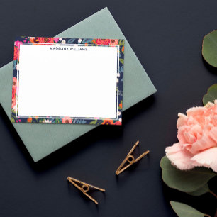 Marineroze Oranje Boho Floral Border met naam Notitiekaartje