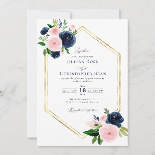 marinesblauwe en blush floral bruiloft uitnodiging (Voorkant)