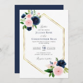 marinesblauwe en blush floral bruiloft uitnodiging (Voorkant / Achterkant)