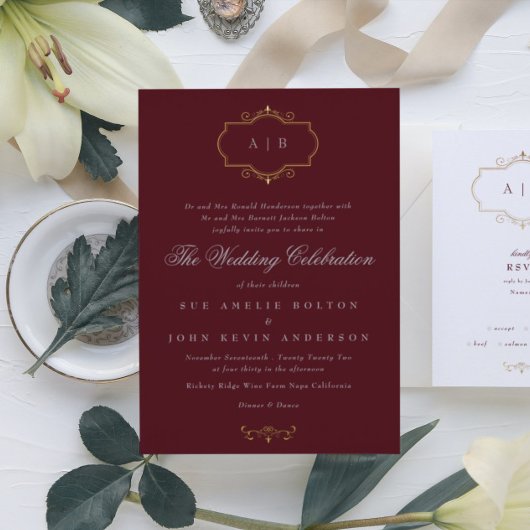 marineschandaal romantisch klassieke monogram brui folie uitnodiging