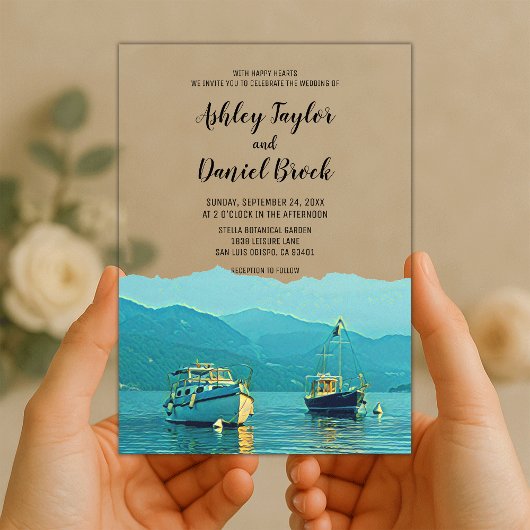 marineschepen kustbestemming bruiloft acryl uitnodigingen