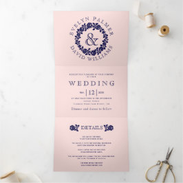  marineschip roos met een bruine roze bruiloft drieluik uitnodiging