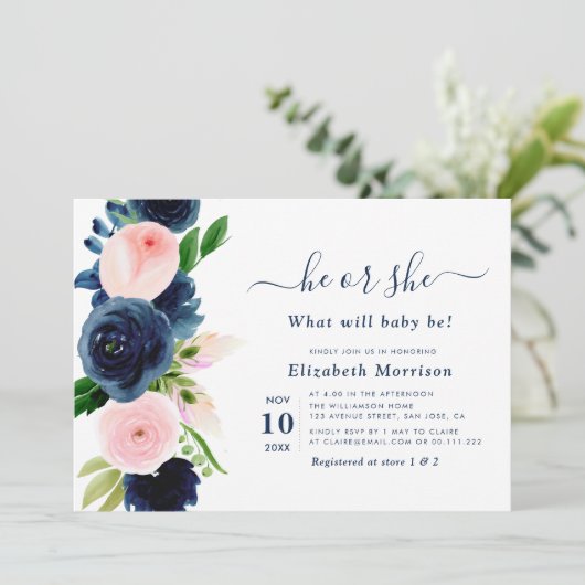 marineschok en bloesse viool onthullen uitnodiging (Staand voorkant)