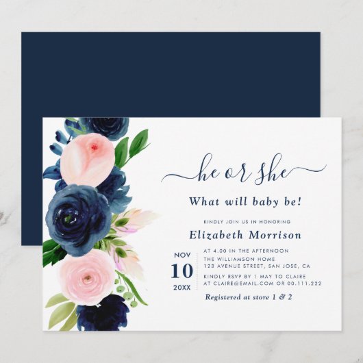 marineschok en bloesse viool onthullen uitnodiging (Voorkant / Achterkant)