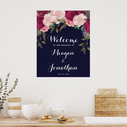 marineschrift rozen floral bruiloft welkomstbord poster (Keuken)