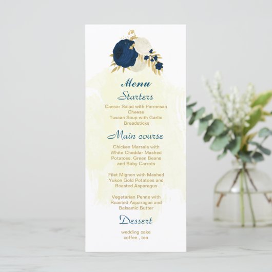 marineslag en witte bloemen gouden botanische brui menu (Staand voorkant)