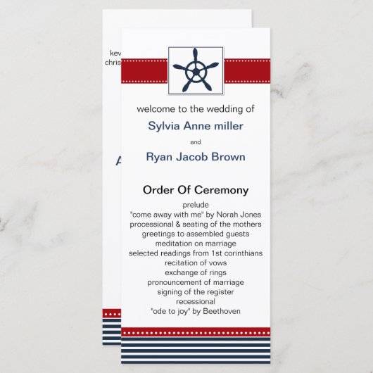 marineslappen, roer, nautische trouwprogramma's programmakaart (Voorkant / Achterkant)