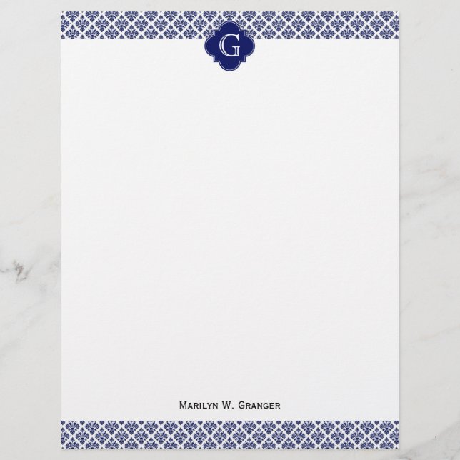  marinesonblauw wit Damask #3 marinemonogram (Voorkant)