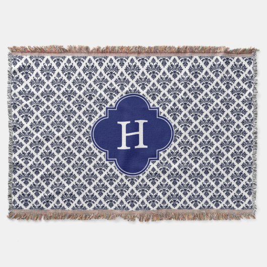  marinesonblauw wit Damask #3 marinemonogram Deken (Voorkant)
