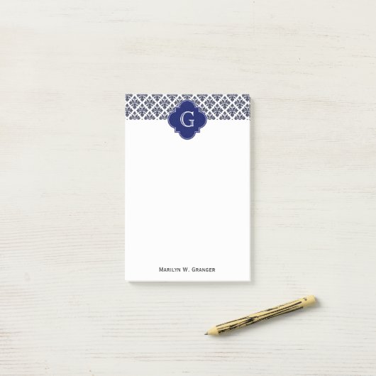  marinesonblauw wit Damask #3 marinemonogram Post-it® Notes (Op bureau)