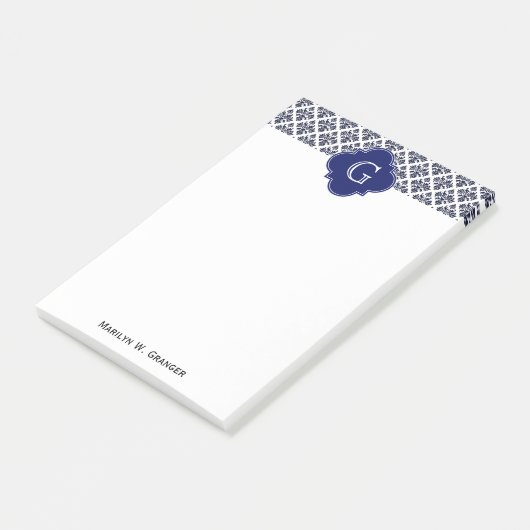  marinesonblauw wit Damask #3 marinemonogram Post-it® Notes (Schuin)