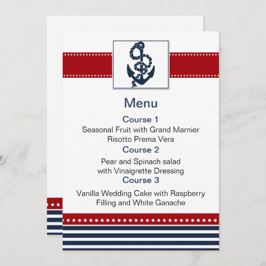 Marinestrepen, anker, nautische menukaarten menu (Voorkant / Achterkant)