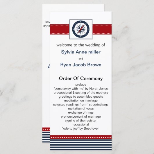 marinestrepen, kompas, nautische trouwprogramma's programmakaart (Voorkant / Achterkant)