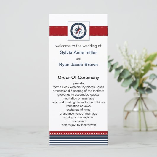 marinestrepen, kompas, nautische trouwprogramma's programmakaart (Staand voorkant)