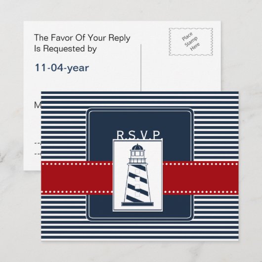 marinestrepen, vuurtoren, nautische bruiloft rsvp uitnodiging briefkaart (Voorkant / Achterkant)