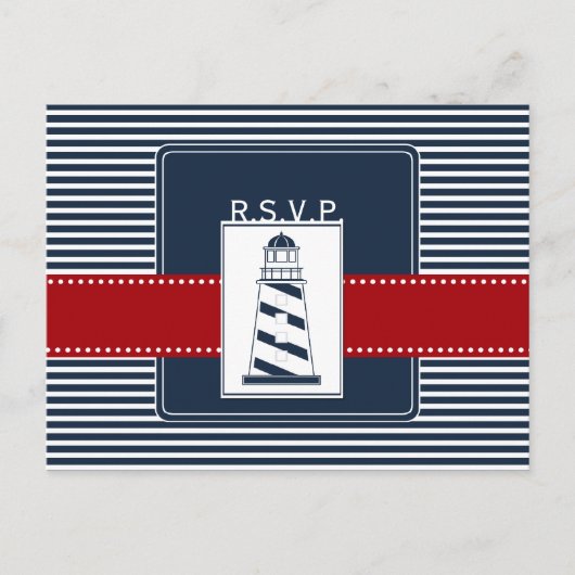 marinestrepen, vuurtoren, nautische bruiloft rsvp uitnodiging briefkaart (Voorkant)