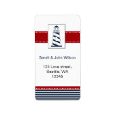 marinestrepen, vuurtoren, nautische trouwetiketten etiket (Voorkant)