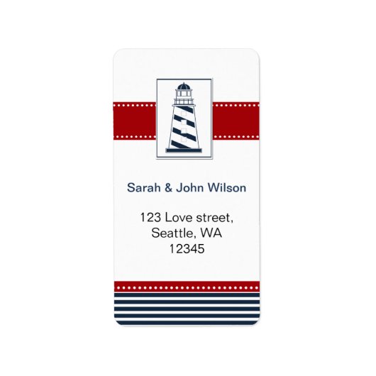 marinestrepen, vuurtoren, nautische trouwetiketten etiket (Voorkant)