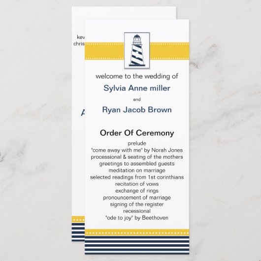 marinestrepen, vuurtoren, nautische trouwprogramma programmakaart (Voorkant / Achterkant)