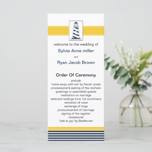 marinestrepen, vuurtoren, nautische trouwprogramma programmakaart (Staand voorkant)