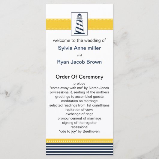 marinestrepen, vuurtoren, nautische trouwprogramma programmakaart (Voorkant)