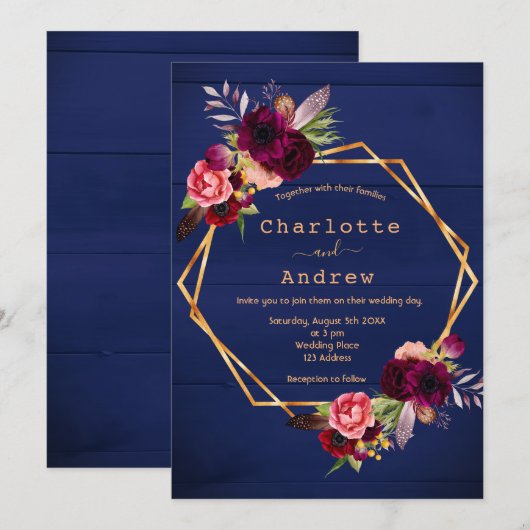 Marinewand met bruinkoolbloem bruiloft kaart (Voorkant / Achterkant)