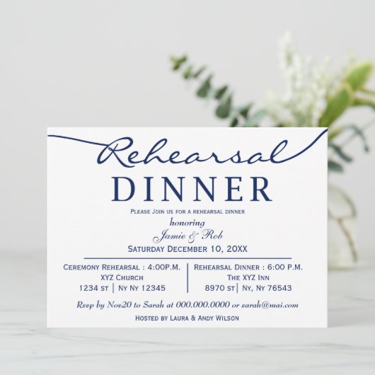 marinewit Elegant Script Rehearsal Dinner Kaart (Staand voorkant)