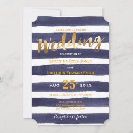 marinewitte Waterverf Stripes Gold Wedding Kaart
