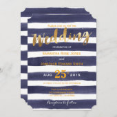marinewitte Waterverf Stripes Gold Wedding Kaart (Voorkant / Achterkant)