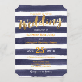 marinewitte Waterverf Stripes Gold Wedding Kaart