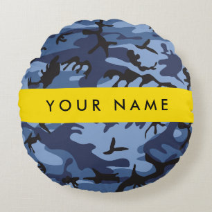 Marini-blauw Camouflage Je naam Personaliseer Rond Kussen