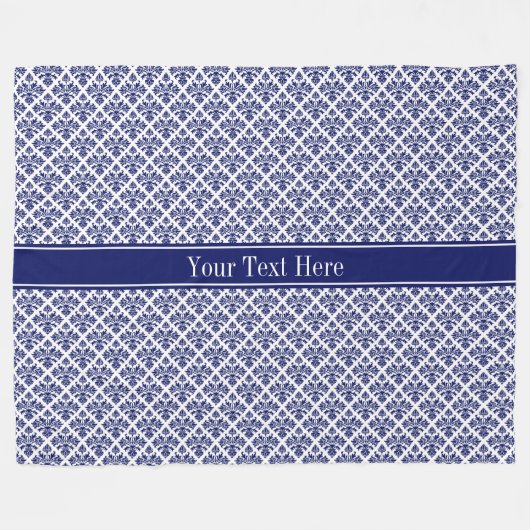 marinier Blue Whisky Damask #3 Navy Name Monogram Fleece Deken (Voorkant (Horizontaal))