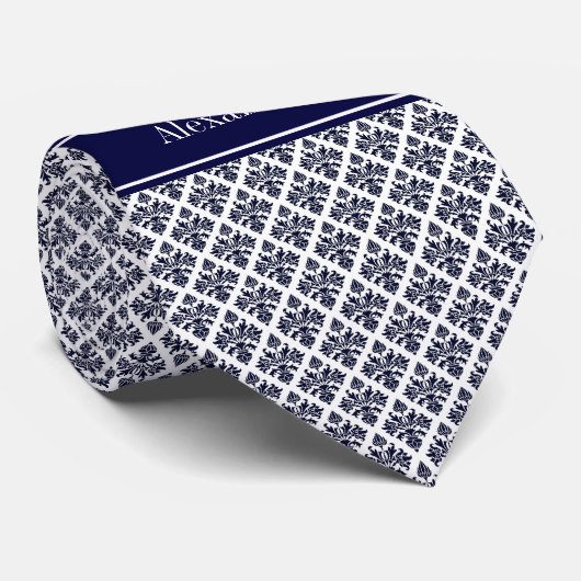  marinier Blue Whisky Damask #3 Navy Name Monogram Stropdas (Opgerold)