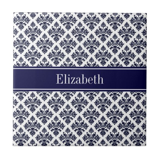  marinier Blue Whisky Damask #3 Navy Name Monogram Tegeltje (Voorkant)