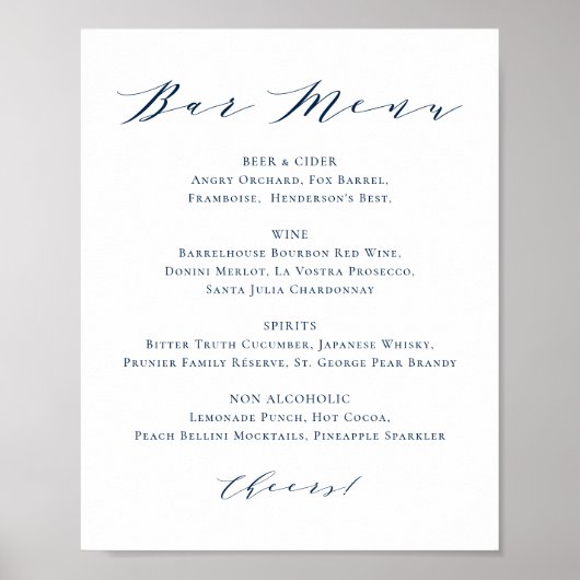 Marinière Minimalistische Script Bruiloft Bar Menu Poster (Voorkant)