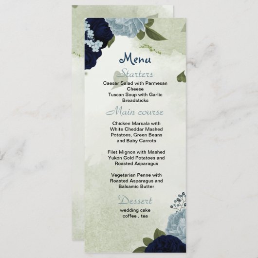mariniers en stoffige blauwe bloemen griedig trouw menu (Voorkant / Achterkant)