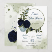mariniers en stoffige blauwe bloemen groener save the date (Voorkant / Achterkant)