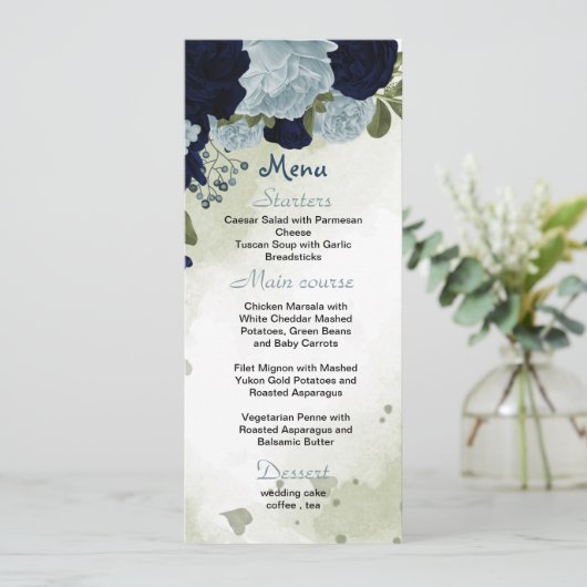 mariniers en stoffige blauwe bloemen grove bruilof menu (Staand voorkant)