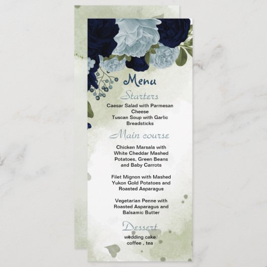 mariniers en stoffige blauwe bloemen grove bruilof menu (Voorkant / Achterkant)