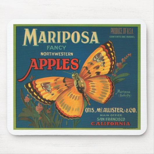 Mariposa Butterfly Apples Fruit Crate Label Muismat (Voorkant)