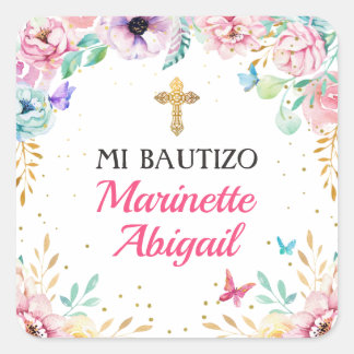 Mariposas Chicas del bautismo y flores rosas Vierkante Sticker