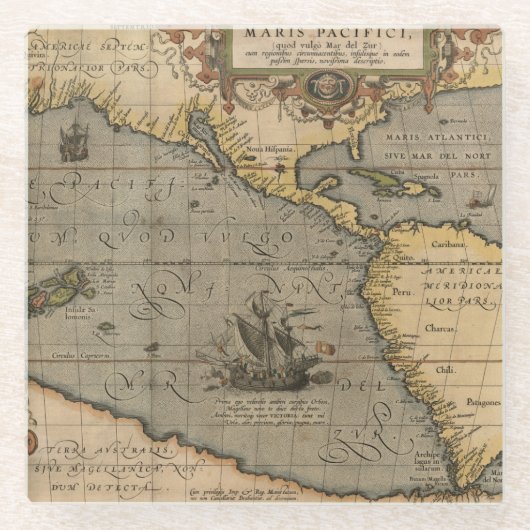 Maris Pacifici Antiek Americas Map Glazen Onderzetter (Voorkant)