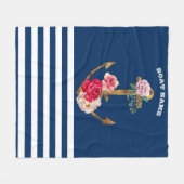 Maritiem, Anker Bloemen Marineblauw Gestreepd Fleece Deken (Voorkant (Horizontaal))