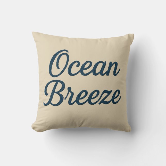 Maritiem beige & Marine Blauw Script oceaanbries Kussen (Voorkant)