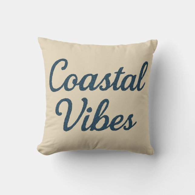 Maritiem beige & marineblauw script kustsfeer kussen (Voorkant)