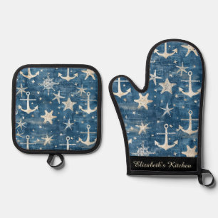 Maritiem, Blauw en Wit, Ankers en Zeesterren Ovenwant & Pannenlap Set