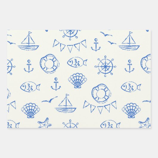 Maritiem Blauw en Wit Inpakpapier Set van 3 (Voorkant 2)