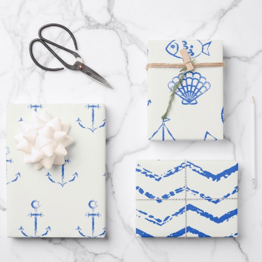 Maritiem Blauw en Wit Inpakpapier Set van 3 (Voorkant)