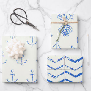 Maritiem Blauw en Wit Inpakpapier Set van 3 Vel